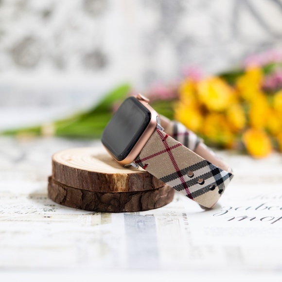 Plaid Checker Apple Watch Band, Leather Band Strap Beige 38/40/41/42/44/45 mm SE - Picture 6 of 9